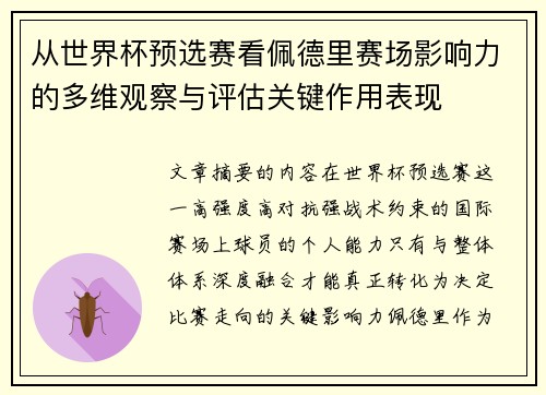 从世界杯预选赛看佩德里赛场影响力的多维观察与评估关键作用表现