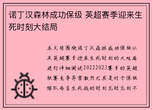 诺丁汉森林成功保级 英超赛季迎来生死时刻大结局